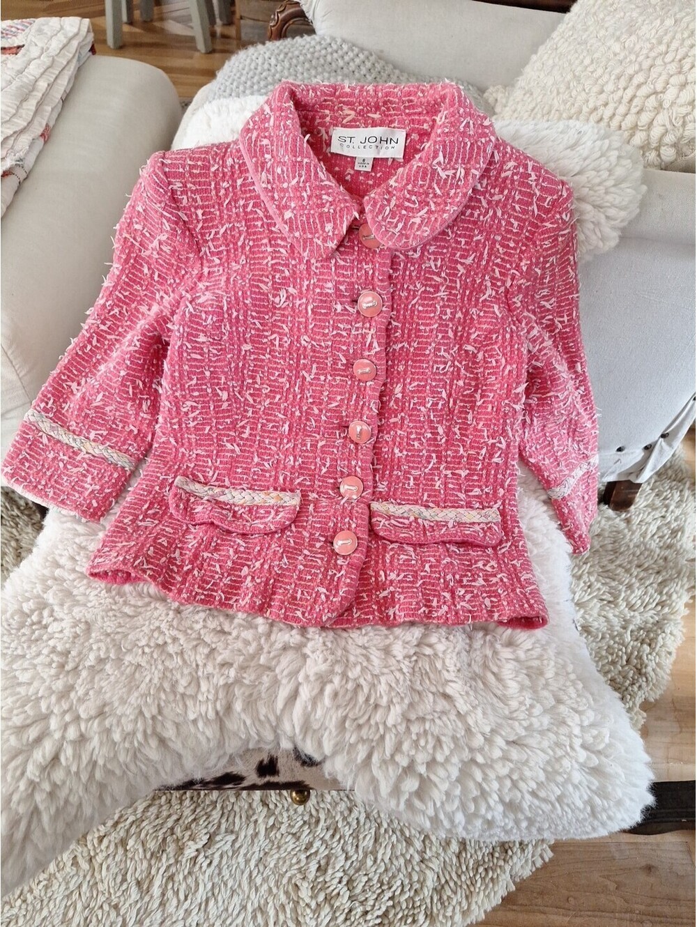 VINTAGE,St. John Collection Suit Jacket, Coral Pink, Ribbon, Boucle, Made In USA